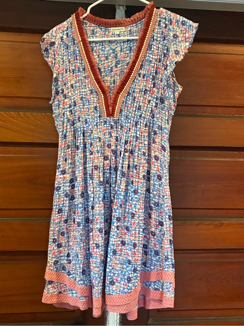 Poupette St. Barth Blue Floral Mini Dress with Rust Fringe and Cream Bead Trim